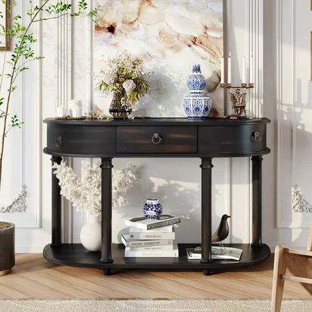 Retro Style Curved Console Table Solid Wood Frame with Single Drawer Half Moon Entry Table Black | Walmart (US)