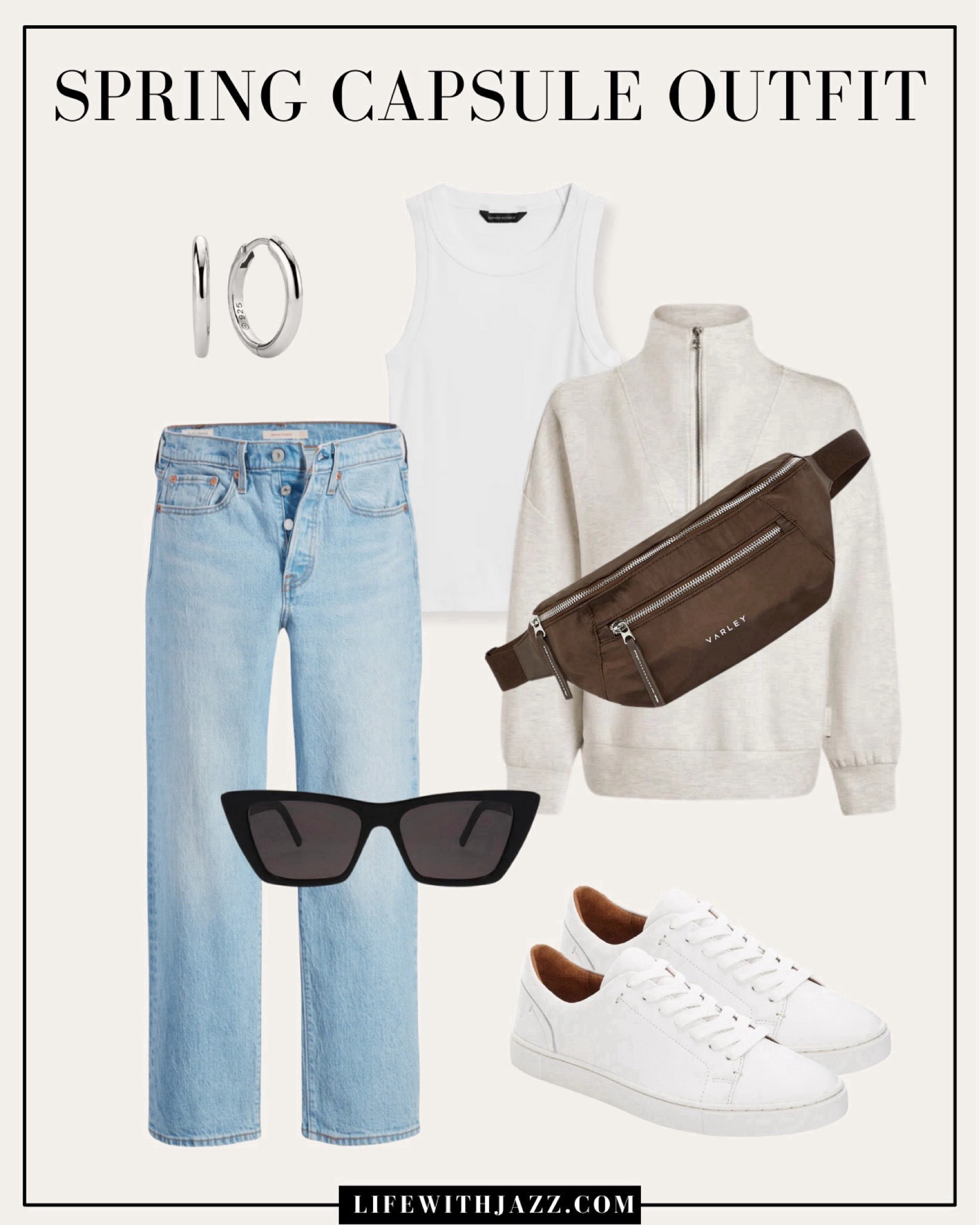 Casual spring outfit🤍 

Light blue wash jeans / white tank / neutral sweatshirt / belt bag / sunglasses / sneakers / silver earrings / casual / weekend / running errands 

#LTKSeasonal #LTKstyletip