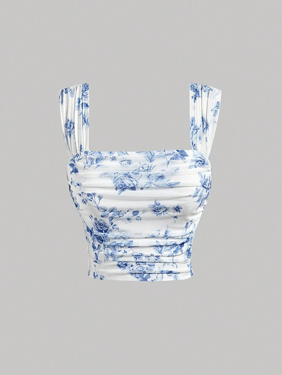 SHEIN MOD Women's Square Neck Blue And White Floral Print Slim Fit Pleated Elegant Charm Tank Top... | SHEIN