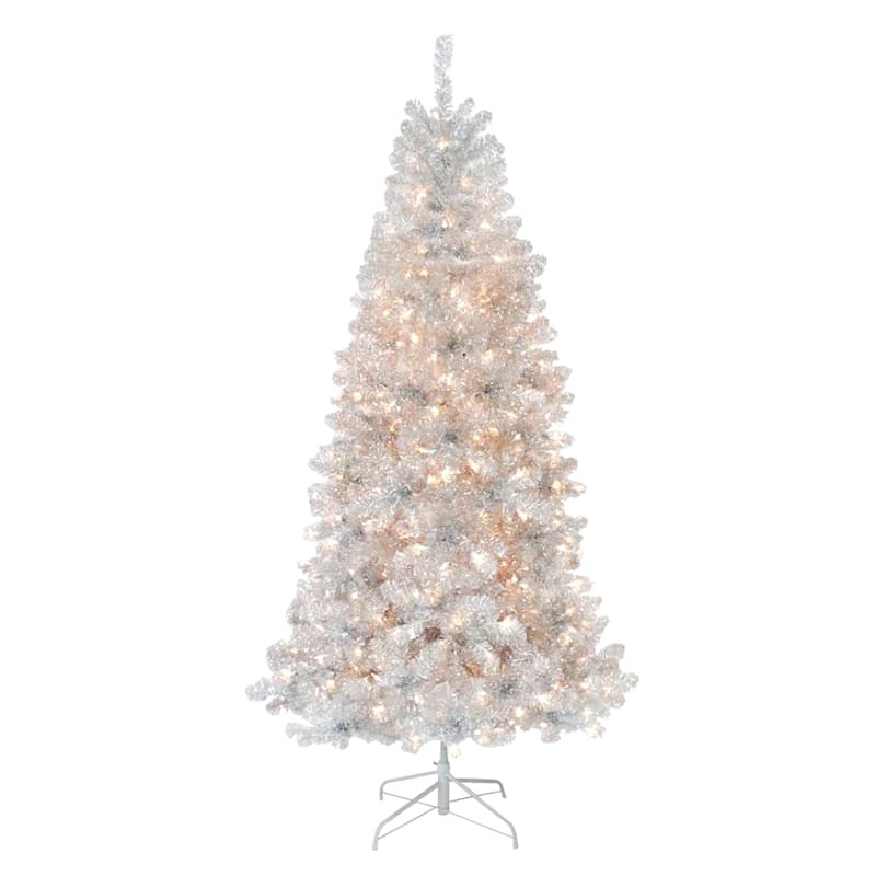 (B1) Pre-Lit Silver Metallic Tinsel Christmas Tree, 7' | At Home