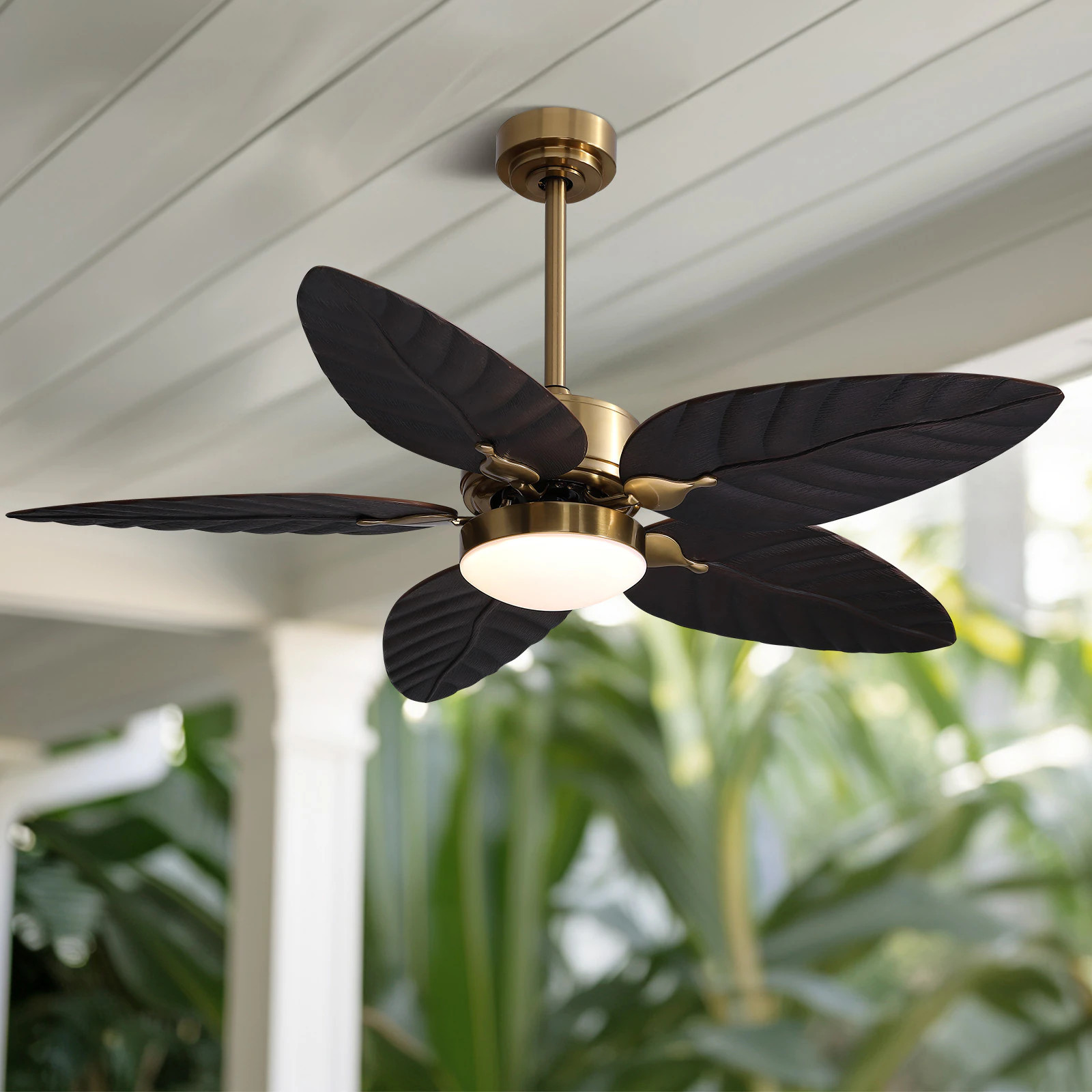 Liwidu 52 Tropical Ceiling Fan with Lights Indoor Outdoor Black Flush Mount 5 Palm Leaf Blades Remote APP Control 6 Speeds for Bedroom Dining Room | Lowe's