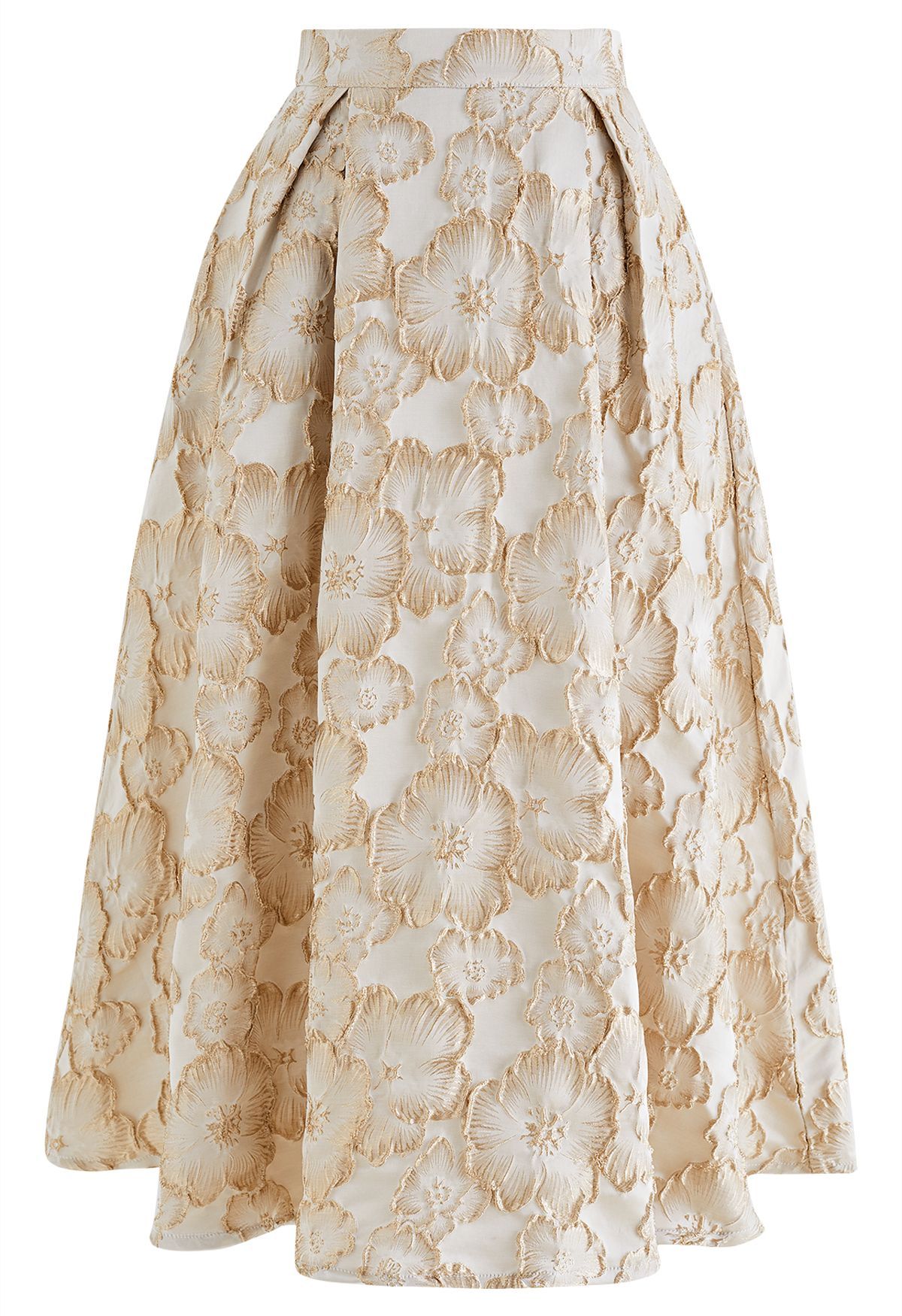 Thriving Golden Blossom Embossed Jacquard Midi Skirt | Chicwish