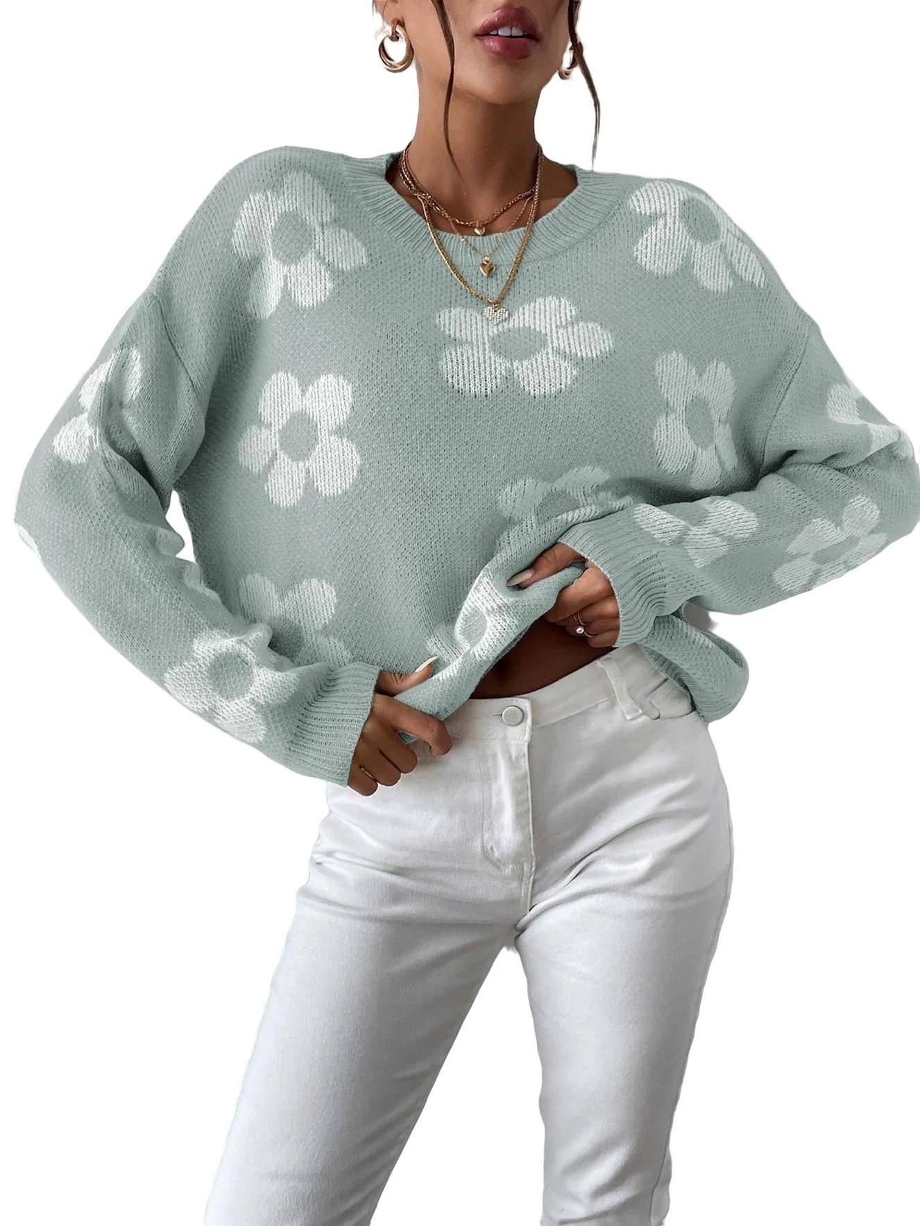 Womens Sweaters Casual Floral Round Neck Pullovers Mint Green S | Walmart (US)