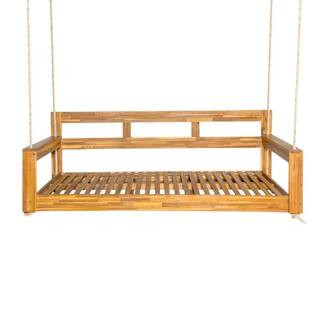 Brown 2-Person Acacia Wood Porch Swing Bed with High Back and Armrests and 118 in. Hemp Ropes | The Home Depot