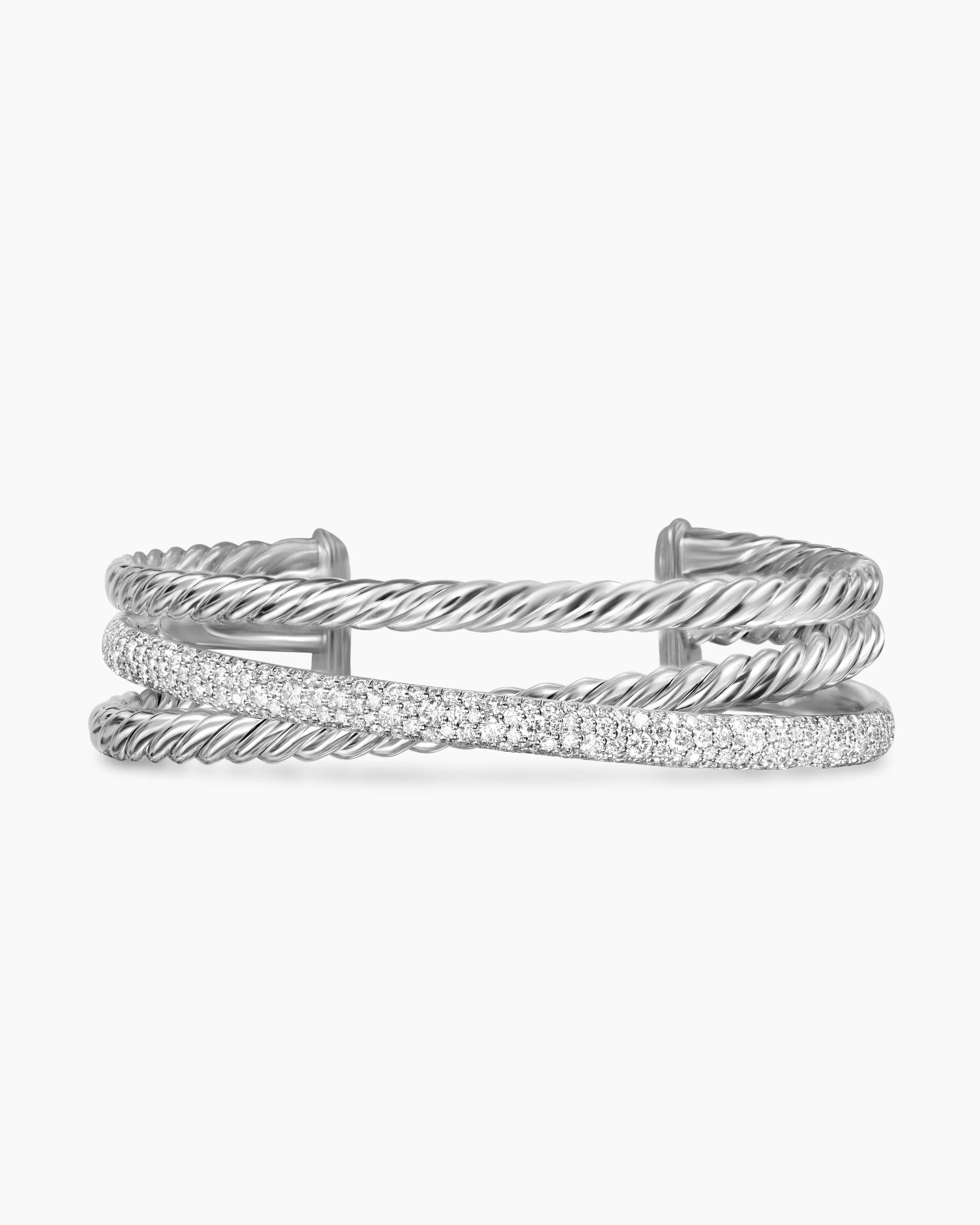 David Yurman | Pavé Crossover Three Row Cuff Bracelet in Sterling Silver with Diamonds, 20mm | David Yurman