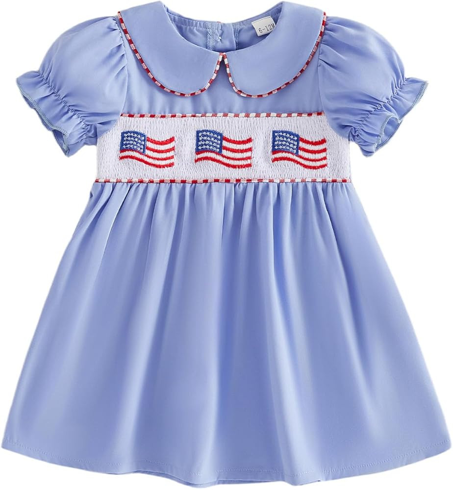 Girls 4th of July Outfit Cute Flying Sleeve Flag Smocked Embroidery Party A-line Plaid Dress | Amazon (US)