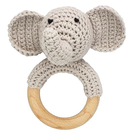 Joliecraft Woodlands Friends Baby Rattle Shaker Toy with Wooden Teething Ring Gray Elephant | Amazon (US)