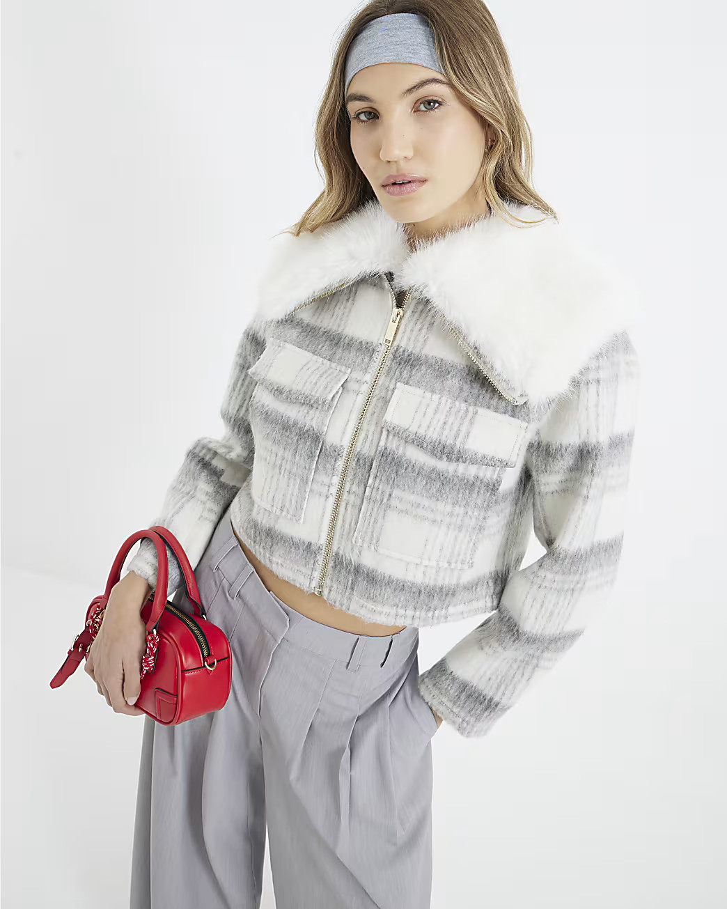 Grey Check Faux Fur Collar Crop Jacket | River Island UK & IE