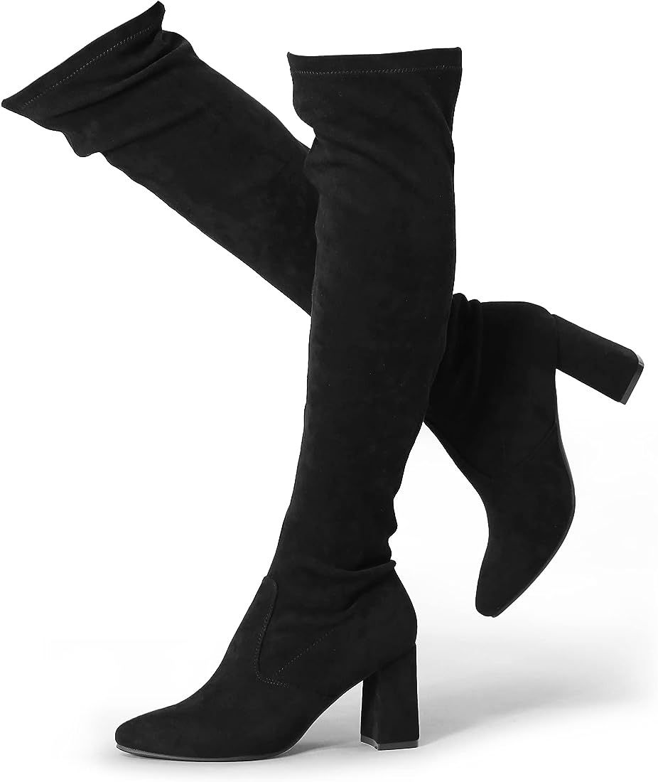 Hawkwell Women's Fall Winter Comfort Thigh High Boots Black Pointy-toe and High-heel Over The Kne... | Amazon (US)