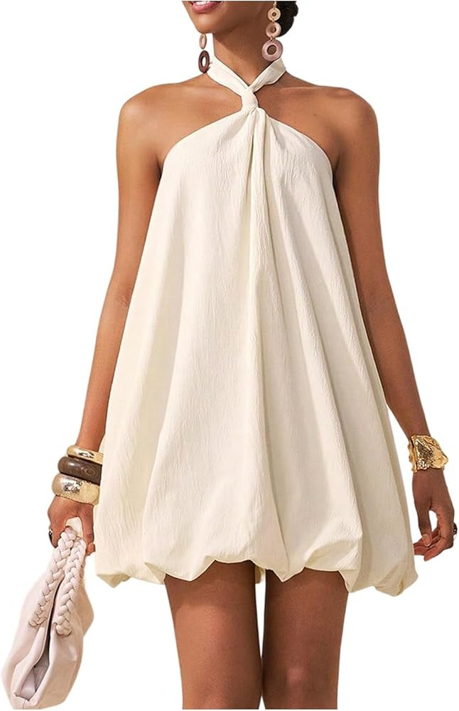 Floerns Women's Bubble Mini Halter Dress Knot Tie Backless A Line Party Vacation Dresses | Amazon (US)