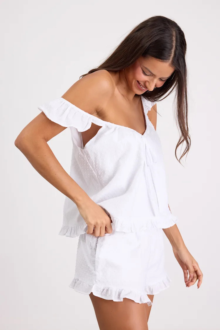 Janelly Ivory Swiss Dot Ruffled Two-Piece Pajama Set | Lulus