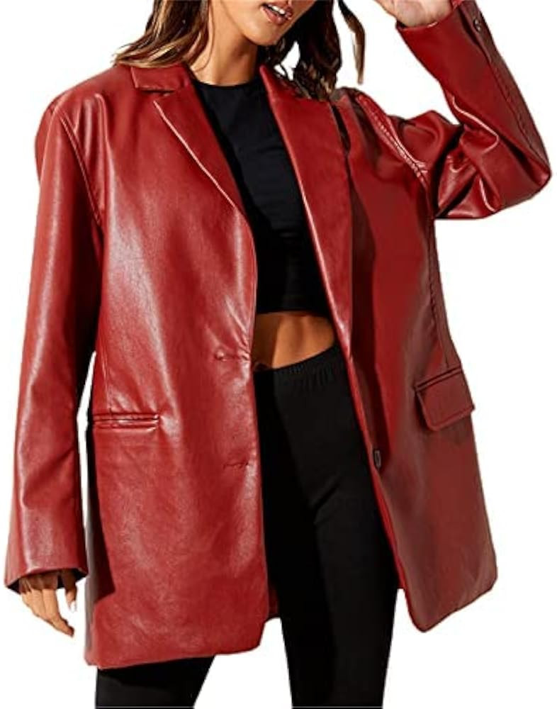 Yuemengxuan Women Faux Leather Blazer Vintage Lapel Boyfriend PU Jacket Long Sleeve Button Down T... | Amazon (US)