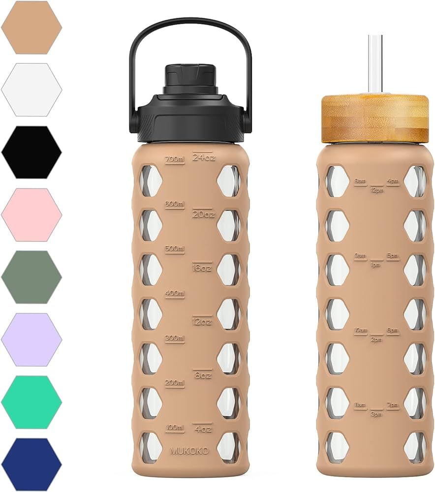 MUKOKO 24oz Glass Water Bottle with 2 Lids-Handle Flip Lid&Bamboo Straw Lid,Motivational Water Tu... | Amazon (US)