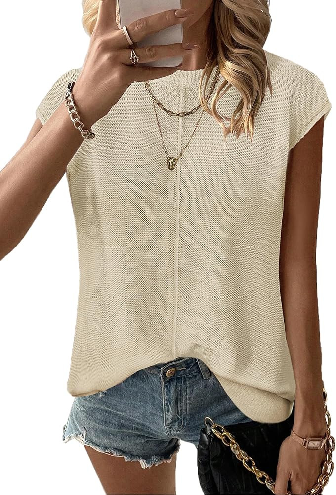 Zeagoo Women's Cap Sleeve Sweater Vest Crew Neck Sleeveless Casual Knit Tops 2024 Summer Clothes ... | Amazon (US)