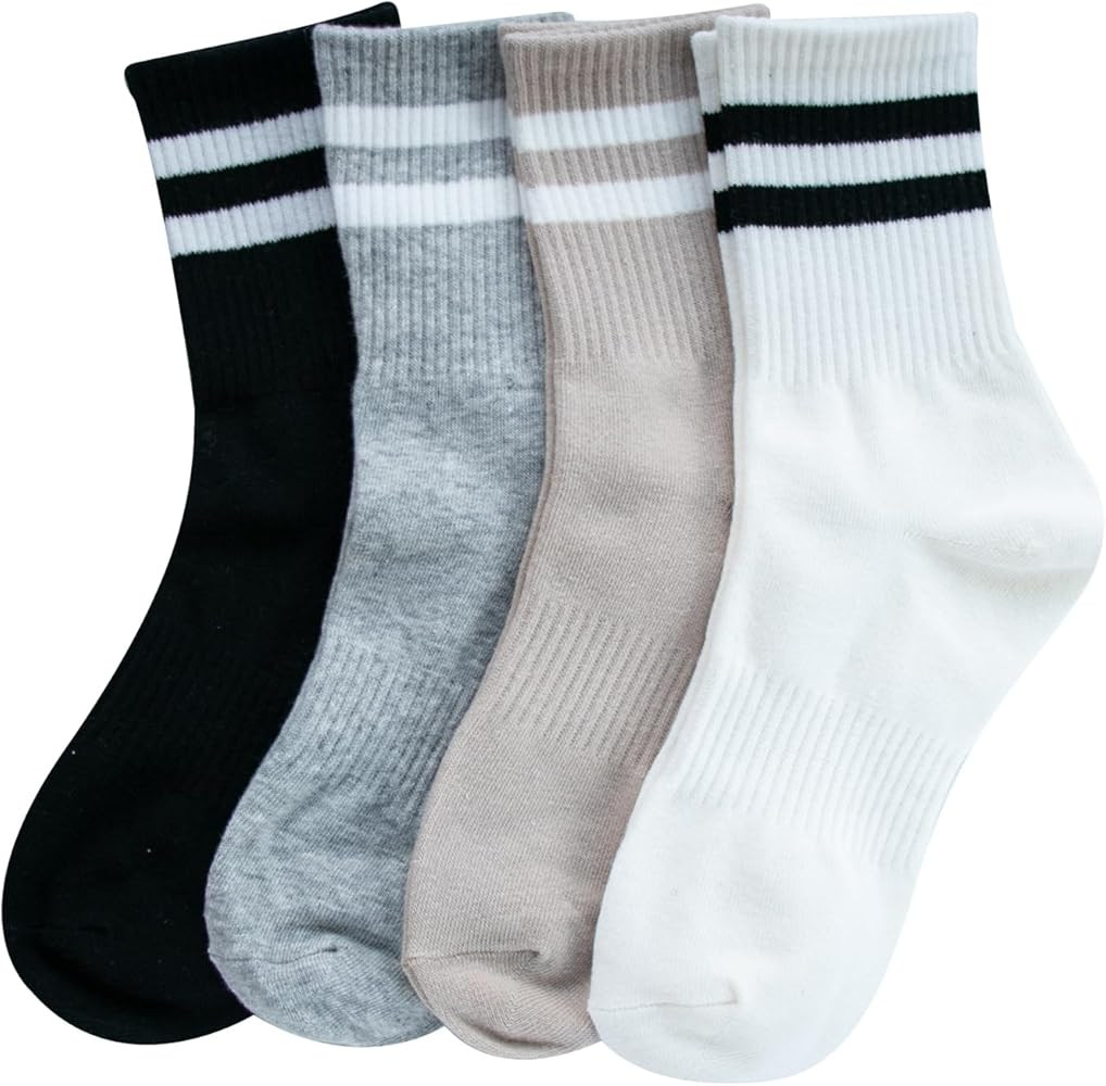 Deeorla Womens Striped Crew Socks Brown Vintage Retro Athletic Socks 5 Pairs | Amazon (US)