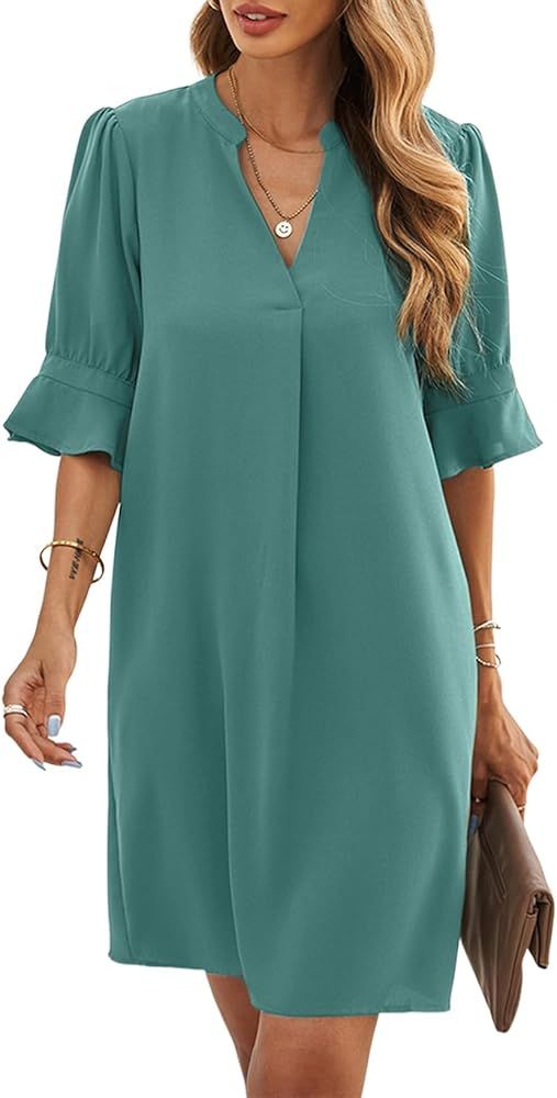 MARZXIN Women 2024 Casual Mini Dresses Ruffled Short Sleeve V Neck Shift Dress Half Sleeve Summer... | Amazon (US)