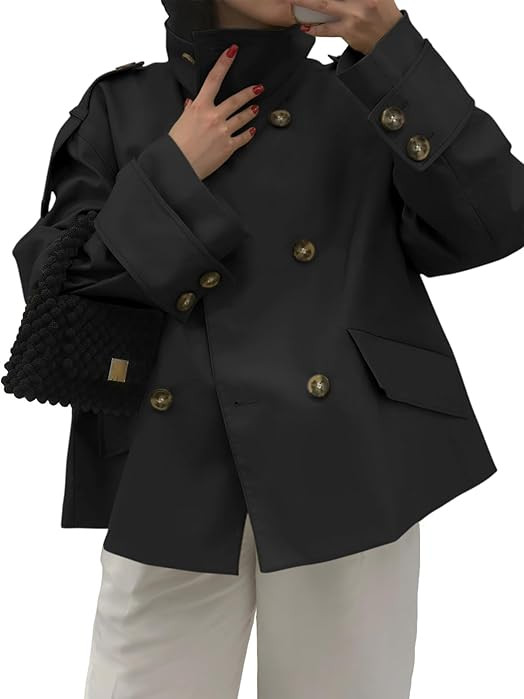 Tankaneo Gabardina recortada para mujer, de gran tama\u00f1o, cuello alto, cuello alto, chaqueta ... | Amazon (US)