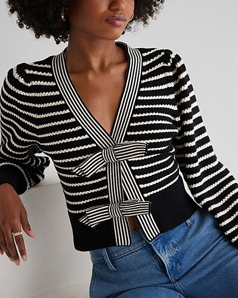 Striped V-Neck Bow Cardigan | Express