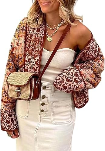 Women's Floral Quilted Jackets Cropped Open Front Lightweight Short Padded Puffer Coat | Amazon (US)