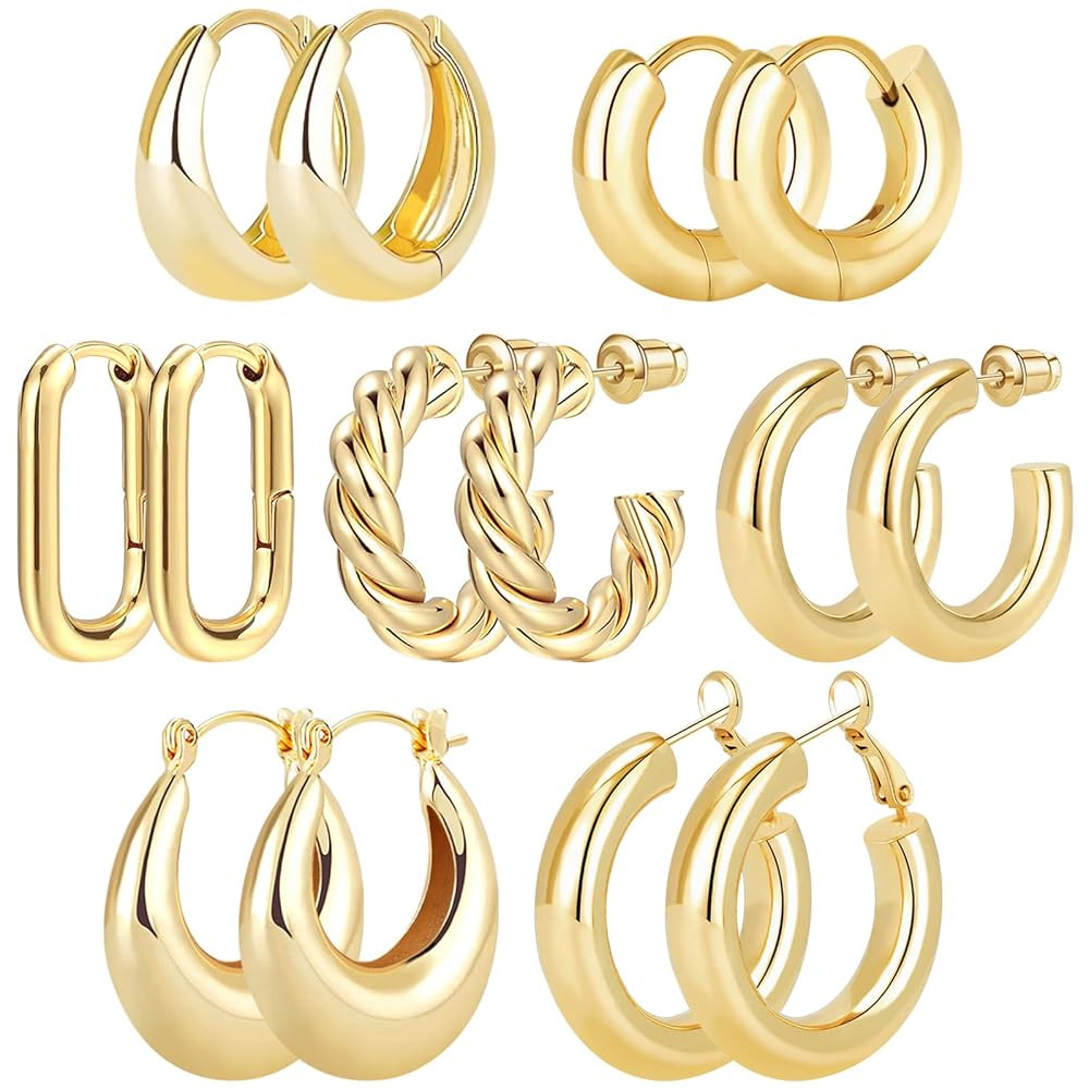 Gold Hoop Earrings Set 14k Real Gold Plated Huggie Earrings Hypoallergenic Chunky Twisted Thick J... | Amazon (US)