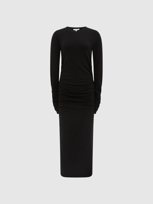 Reiss Black Charley Ruched Midi Dress | Reiss UK