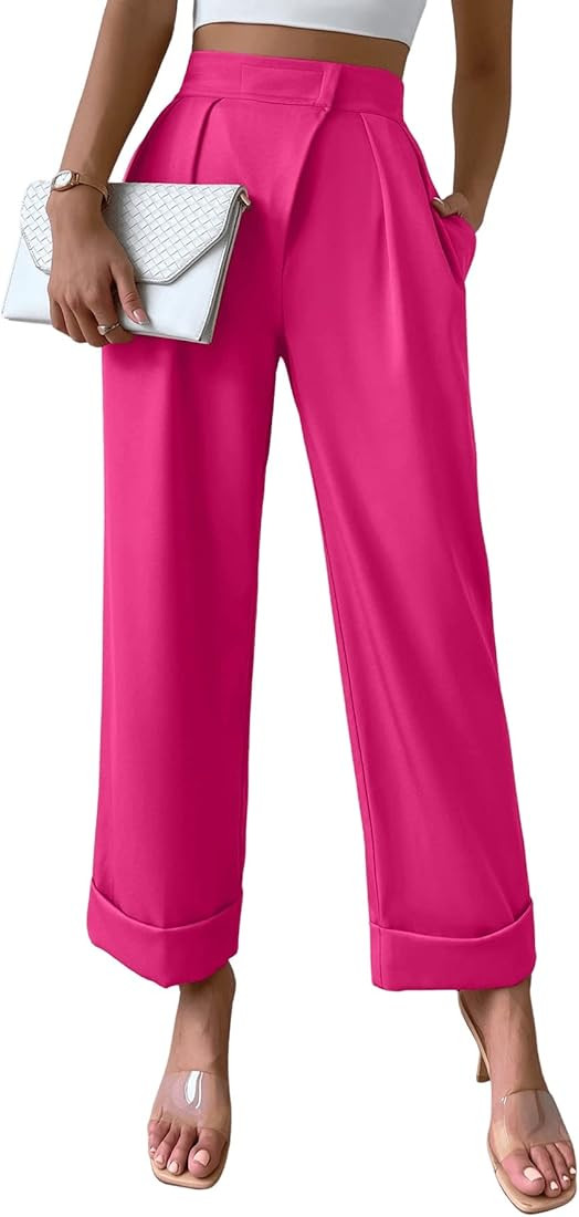 SweatyRocks Women's Elegant High Waist Roll Up Hem Pleated Wide Leg Pants with Pocket | Amazon (US)