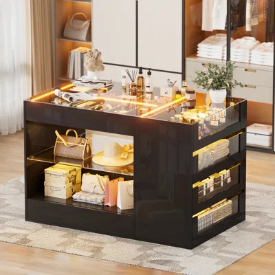 Closet Island With Drawers, Glossy Wardrobe Armoire Bedroom Island With Glass Tabletop, Lights&jewelry Organizer, Walk-in Closet Island Dresser For Be | Wayfair North America