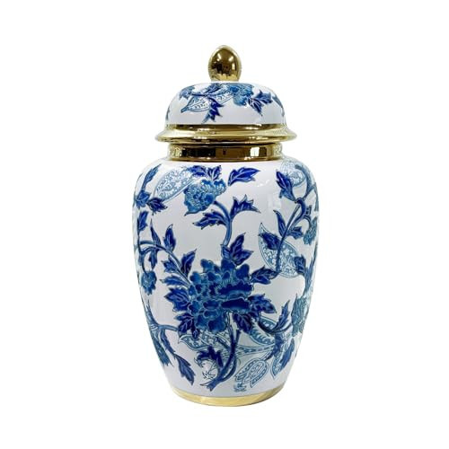 Andaliz Blue and White Porcelain Vase with Gold Trim - Chinoiserie Style Ginger Jar for Vintage Home Decor, 16 Inches Tall | Amazon (US)