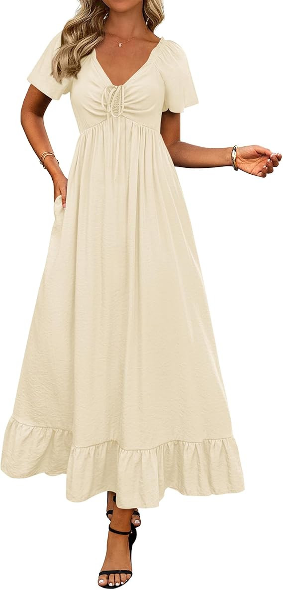 BTFBM Womens Spring Dresses 2025 Casual Short Sleeve V Neck Drawstring Wedding Guest Maxi Dresses... | Amazon (US)