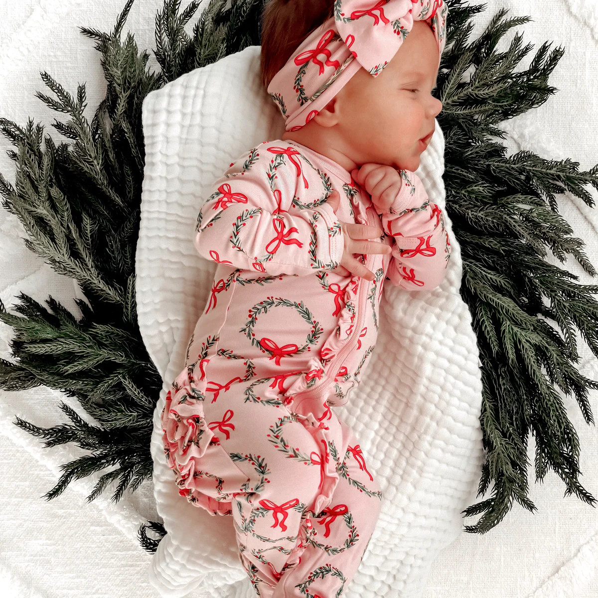 2-Way Ruffle Zip Footie, Wreath Pink | SpearmintLOVE