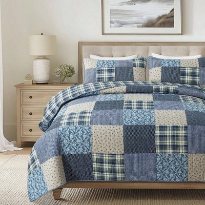 Blue Symphony Cotton Quilt Set - Twin with Sham, Farmhouse Patchwork Bedspread Lightweight Cozy Country Bedding Blue Twin | Target
