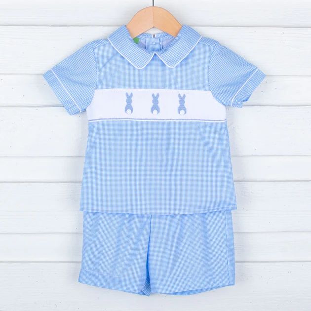 Bunny Bum Smocked Blue Collared Short Set | Classic Whimsy