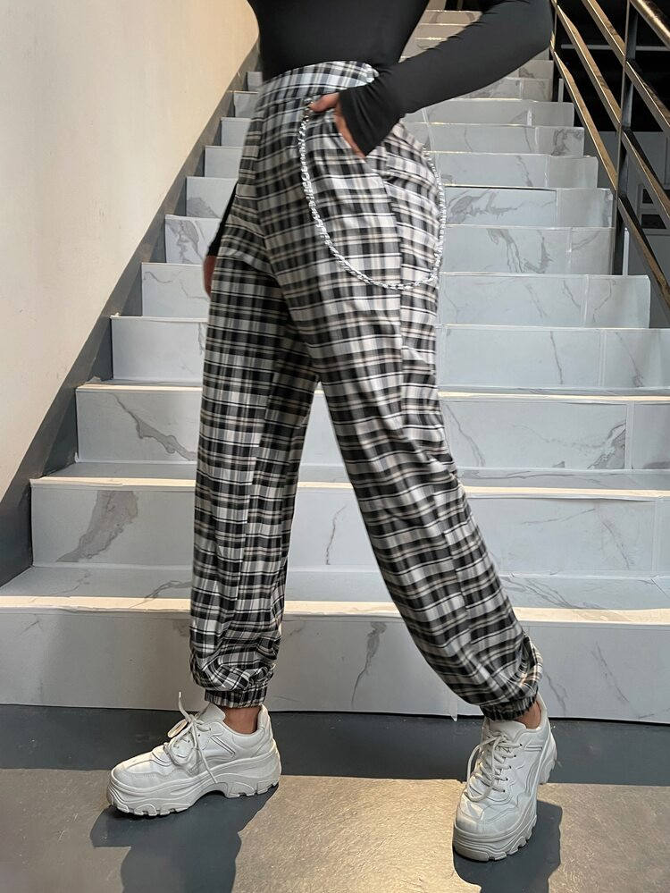 Plaid Print Slant Pockets Joggers | SHEIN