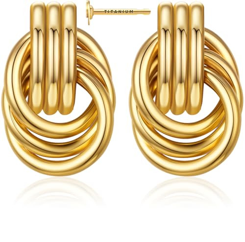14K Plated Gold Knot Earrings for Women Trendy with Titanium Posts for Sensitive Skin - Chunky Gold Earrings for Women Statement with Hypoallergenic G23 Titanium | Amazon (US)