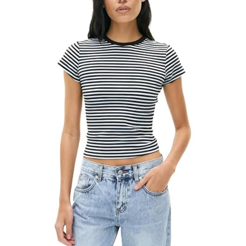 Striped Baby Tees Women Y2K Short Sleeve Slim Fitted Crop Tops Vintage Crew Neck Basic T-Shirt 90s Going Out Shirt (Deep Blue, S) | Amazon (US)