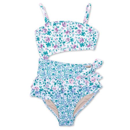 Blue Floral Patchwork Girls Cutout One Piece Swimsuit 2-10 | Shade Critters