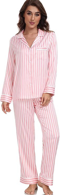 Women's Satin Pajama Set Long Sleeve Button Down Sleepwear 2-Piece Striped Silky Pj Set | Amazon (US)