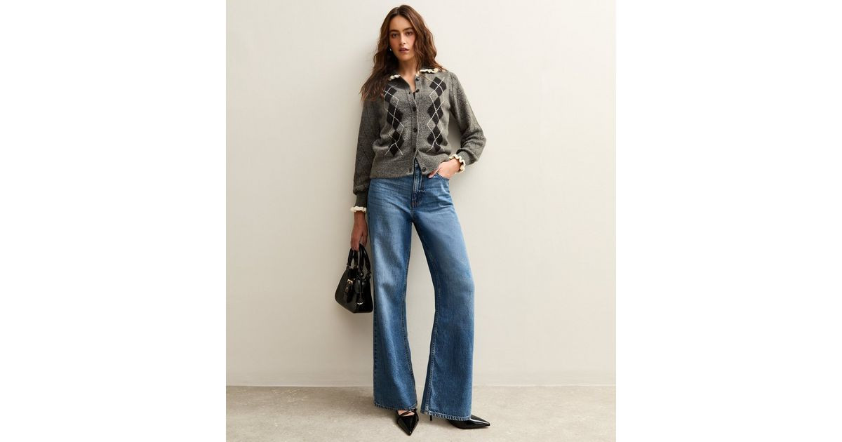 Grey Argyle Print Knit Frill Collar Cardigan | New Look | New Look (UK)