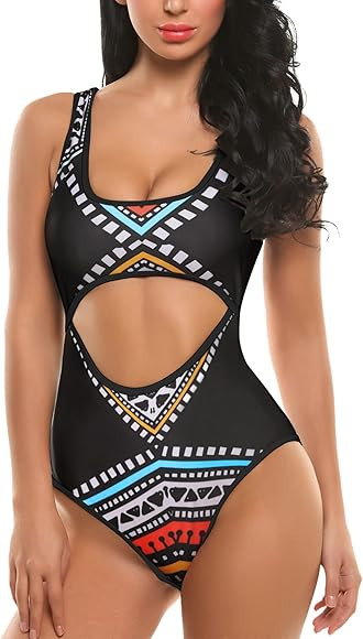 Ekouaer Women Cut Out Bathing Suits Tribal Hollow Out Keyhole Print One Piece Swimsuit Swimwear | Amazon (US)