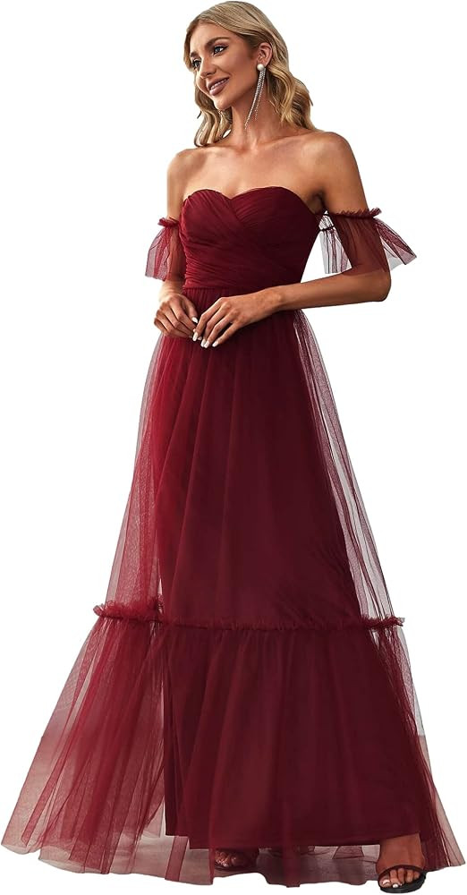 Ever-Pretty Women's Ruffles Sleeve Off The Shoulder Empire Waist A Line Tulle Floor Length Evenin... | Amazon (UK)
