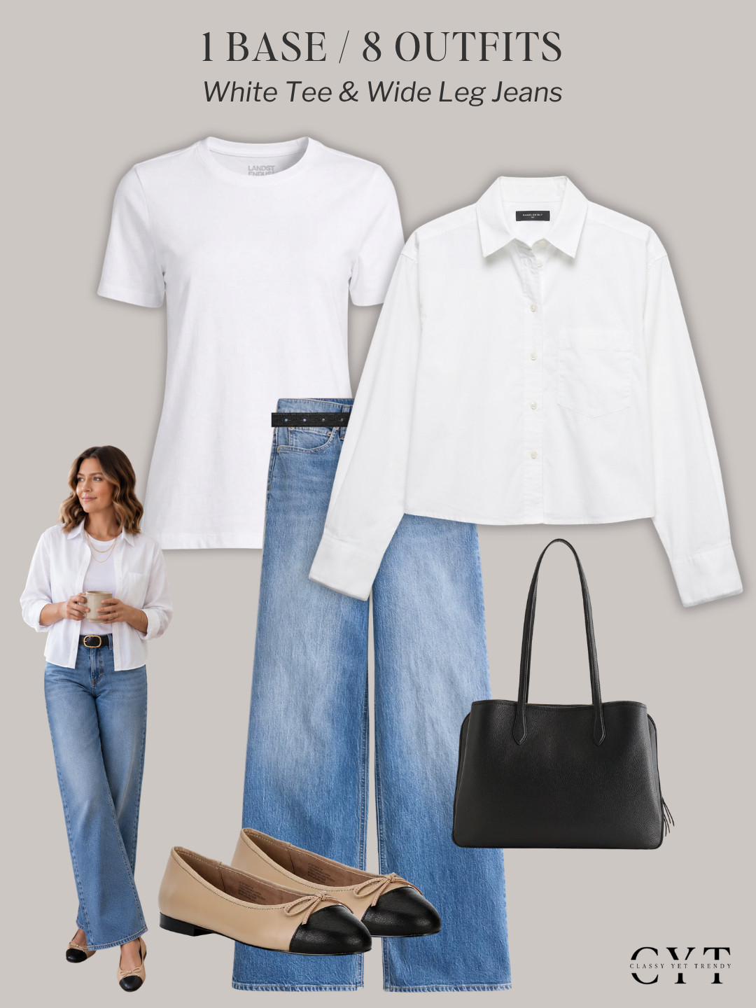 1 Base, 8 Outfits 🎉 8 ways to wear two classic and timeless wardrobe staples: a white tee and wide leg jeans ✔️ Mix and match layers, shoes and accessories to create different looks.  All clothes, shoes and accessories are in the French Minimalist Fall 2026 Capsule Wardrobe, plus a leopard pattern cardigan and a blue button-down shirt. 🍂

how to style, outfit ideas, elevated outfit, wardrobe essentials, cardigan, jacket, blazer, leopard cardigan, ballet flats, trench coat, sweater, pumps, loafers

#trenchcoat #blazerstyle #balletflats #autumnstyle #waystowear  

 