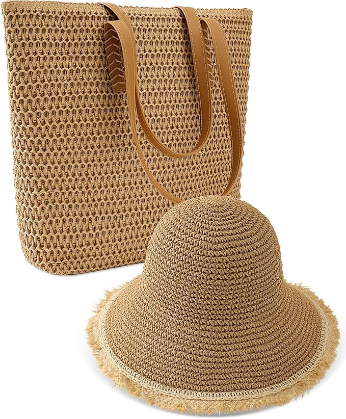 Straw Beach Bags for Women & Sun Hat Set, Beach Hats for Women UPF 50+ Protection for Summer Trav... | Amazon (US)