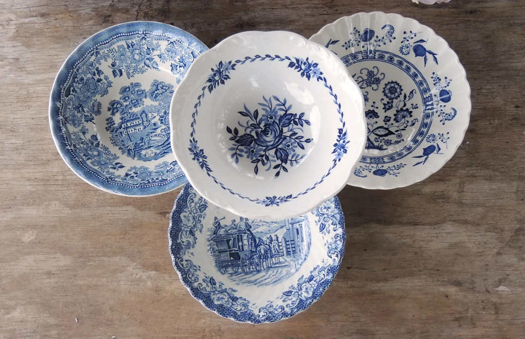 Mismatched Blue and White Cereal Bowls Set of 4 Coupe Soup Bowls Blue White Transferware Salad Bo... | Etsy (US)