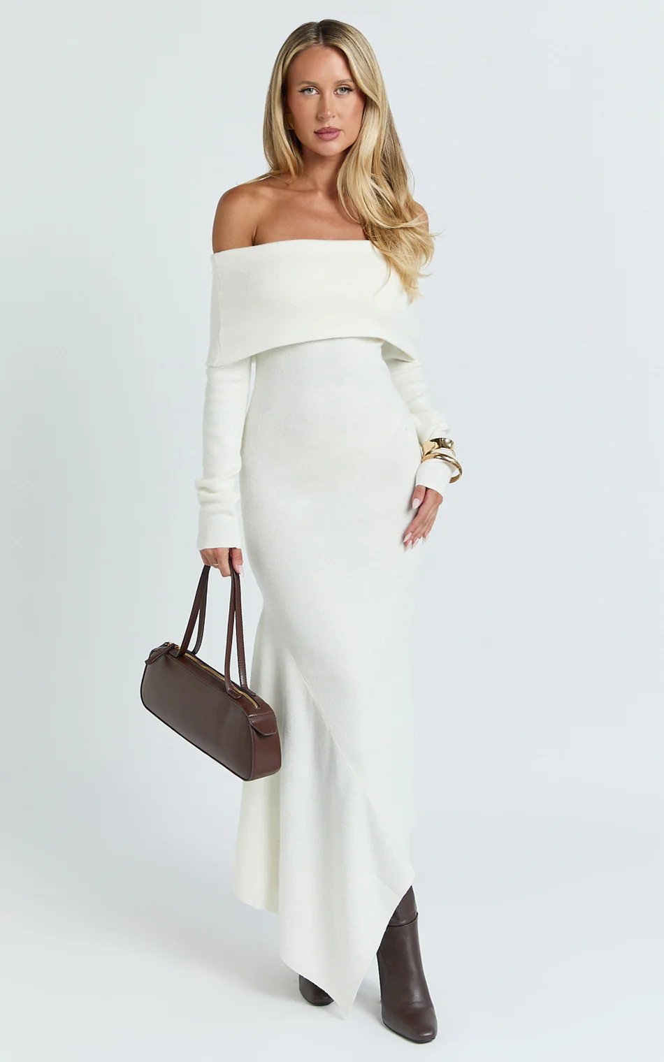 Karina Midi Dress - Long Sleeve Folded Off Shoulder Asymmetric Dress in Cream | Showpo (US, UK & Europe)
