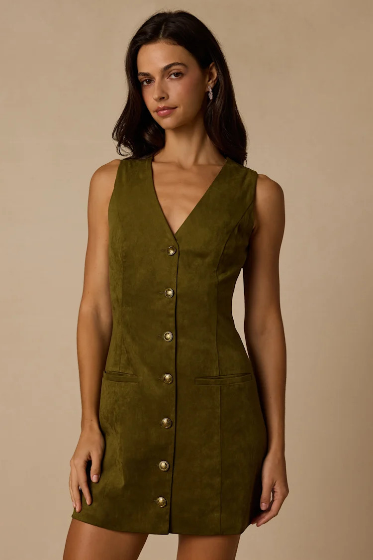 Danny Olive Suede Button-Front Mini Dress | Lulus
