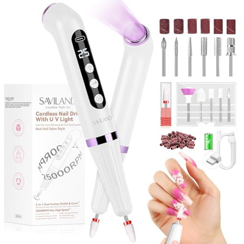 SAVILAND Cordless Nail Drill with U V Light: 25000 RPM Nail Drill Professional & U V Light for Removal & Solidification of Nails 2in1 for Home Nail Art Manicure Pedicure （White） | Amazon (US)