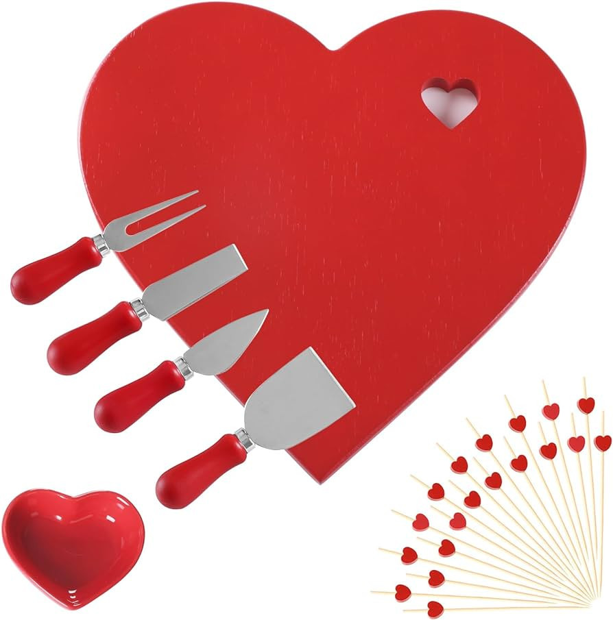 7 Pcs Charcuterie Board and Serving Set, Valentine's Day Heart Shape Bamboo Cheese Platter With C... | Amazon (US)