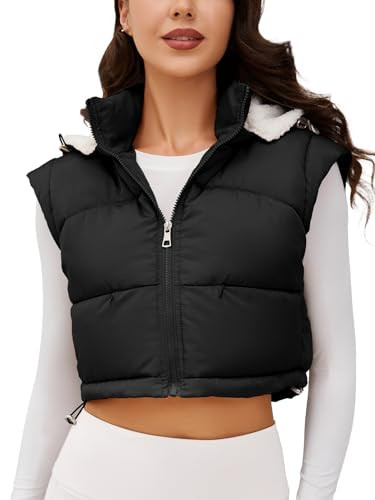 Ogfao Women's Cropped Puffer Vest Hooded Lightweight Winter Outerwear Vests with Pockets Black XL | Amazon (US)