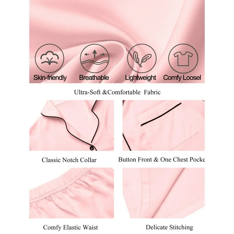 DAKIMOE Womens Silky Satin Pajama Set Short Sleeve Shirt with Shorts 2 Piece Pjs Sets Soft Silk S... | Walmart (US)