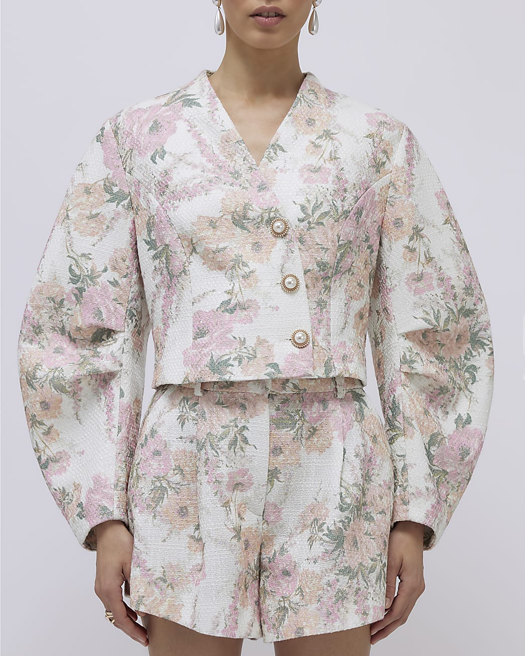 Pink Floral Cocoon Sleeve Boucle Jacket | River Island UK & IE